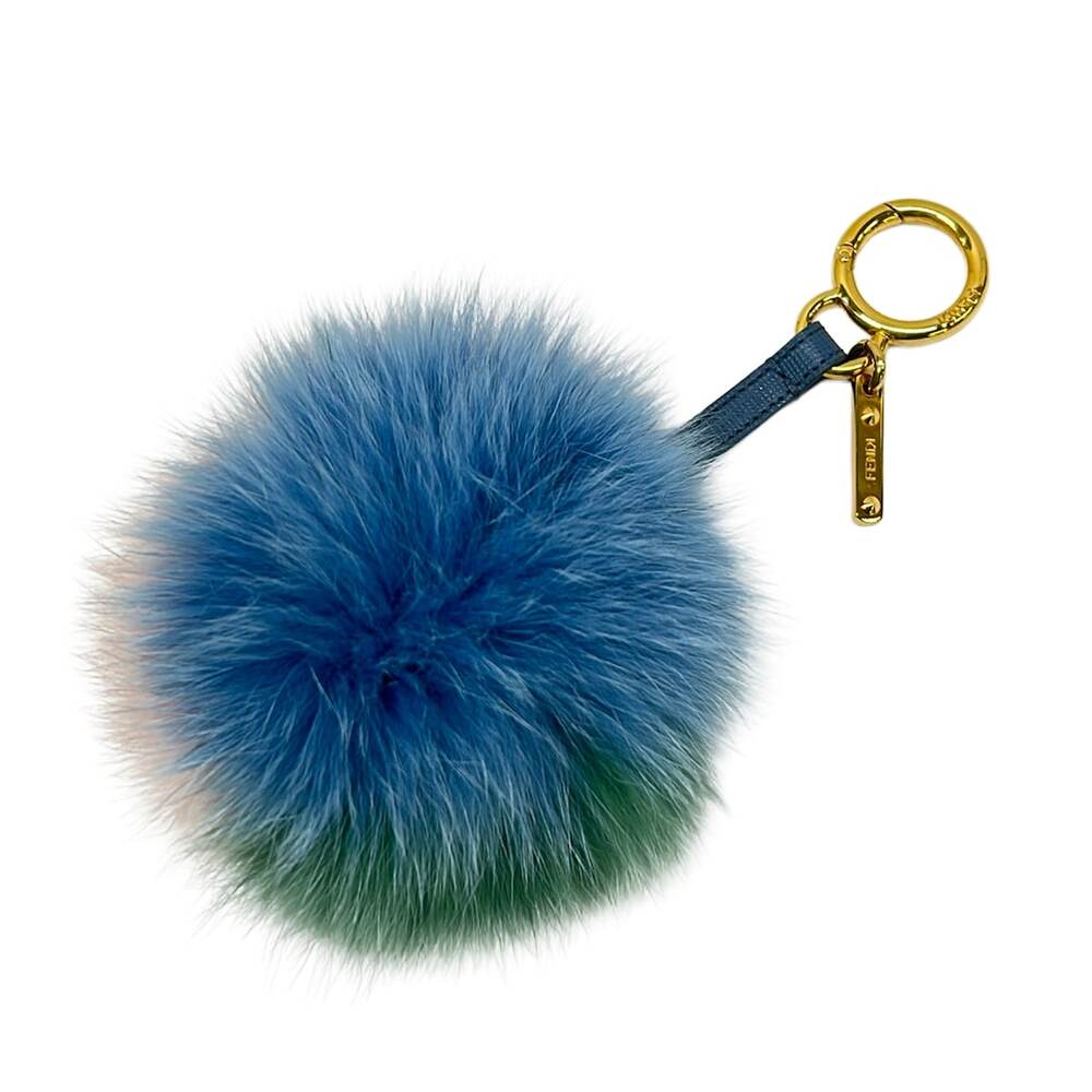 Fendi Pompom Charm Bag Charm Light Blue Green Multi Fur Leather Hardware